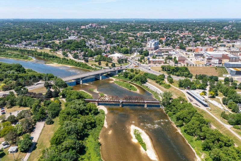 An aerial view of a bridge over the Credit River near Lorne Park.
