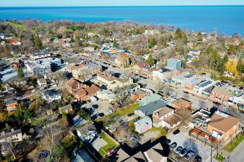 An aerial view of Port Credit's lakefront in Mississauga.