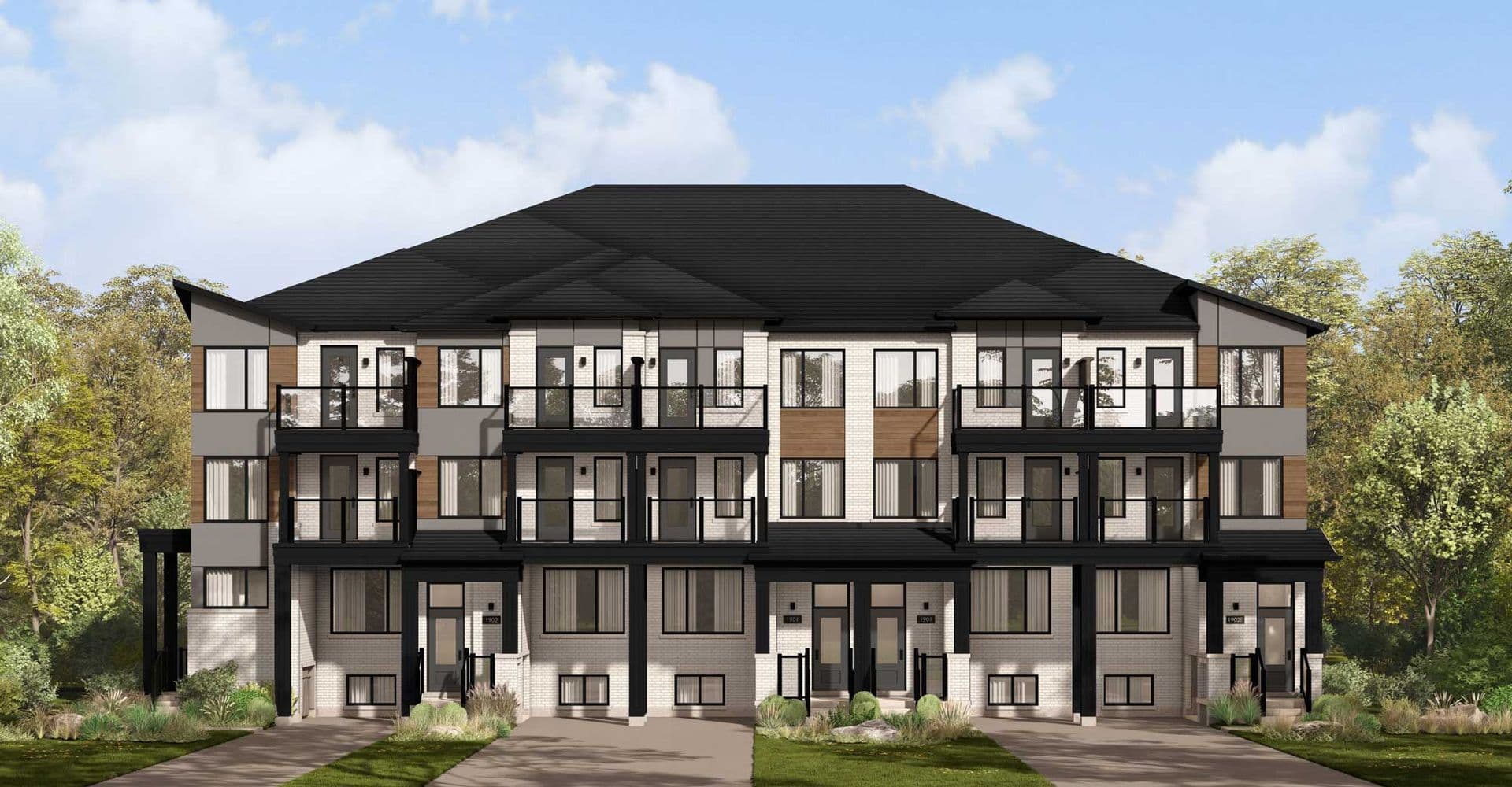 An artist 's impression of a large apartment building with a black roof.
