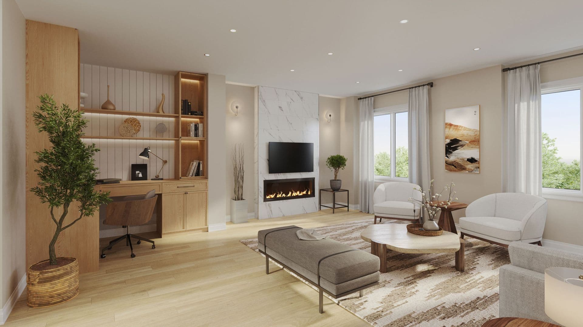 An artist 's impression of a living room with a fireplace and a desk.