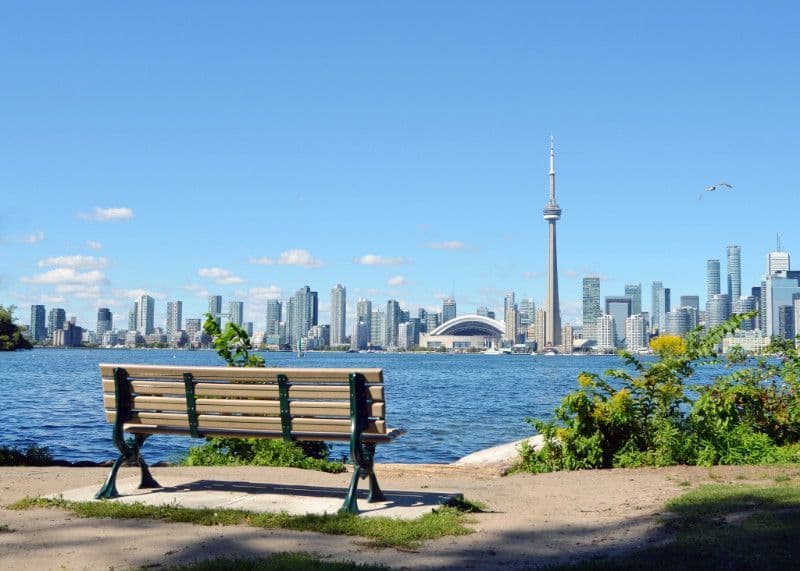 A neighbourhood park bench in Leslieville, Toronto.