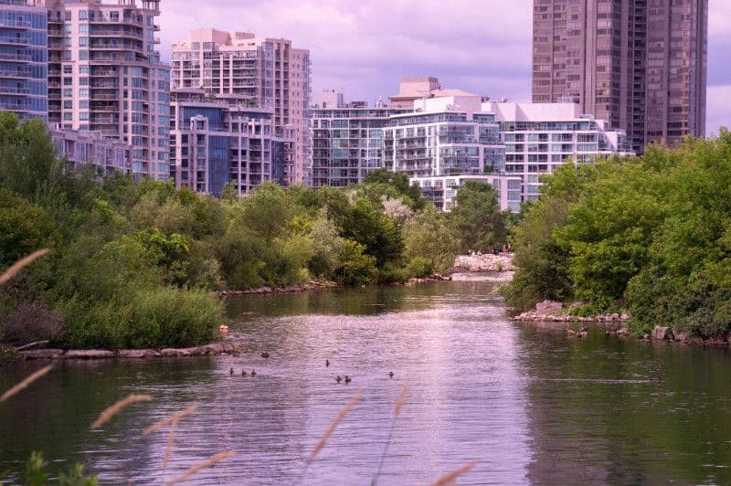 The Humber River with Etobicoke towers beyond.