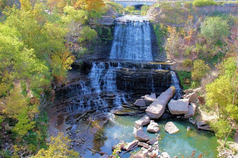 A waterfall in the middle of a forest with a bridge in the background.