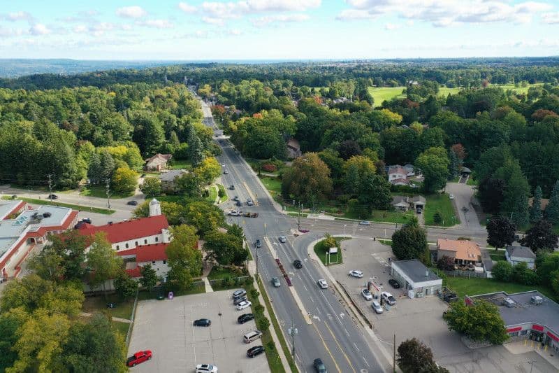 An aerial view of Ancaster's village core.
