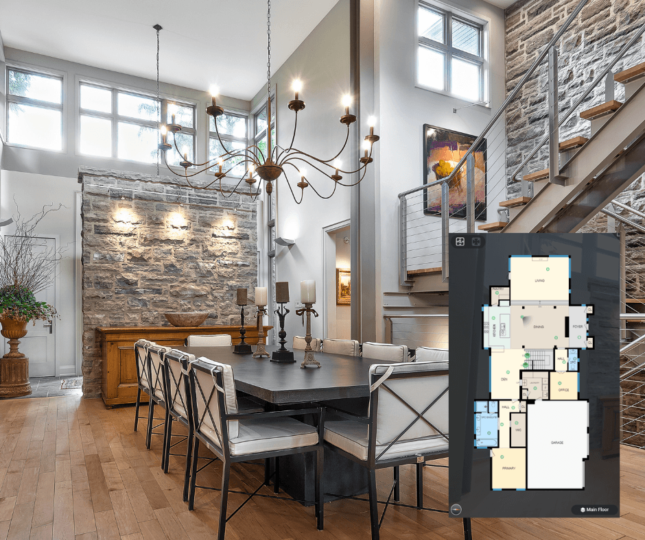 A dining room with a large table and chairs and a floor plan