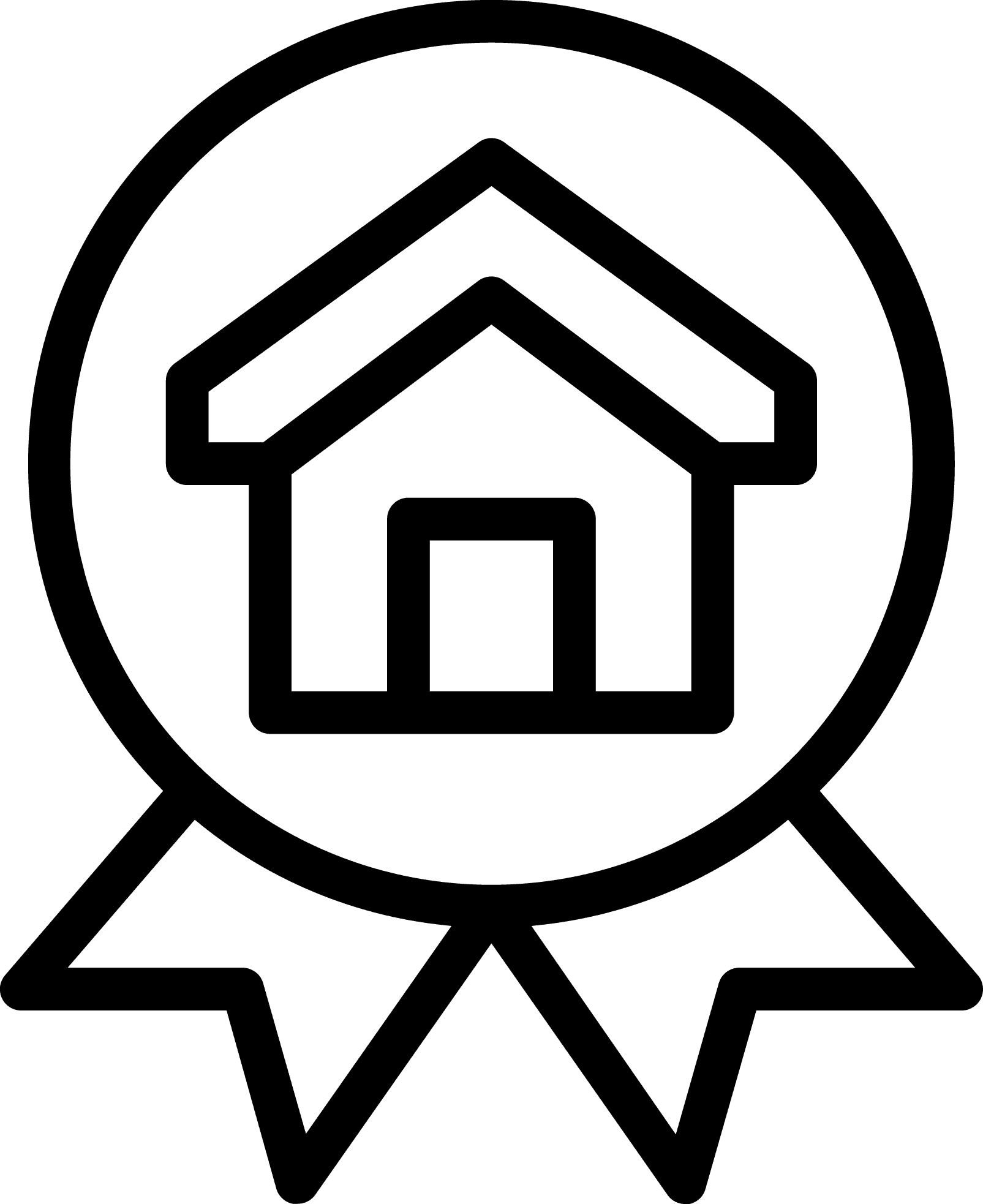 A black and white icon of a house with a ribbon around it.